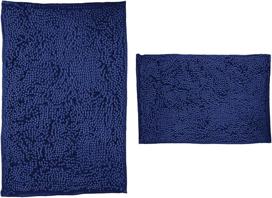 Bathroom Rugs 2 Pieces Chenille Bath Rug Mat, Extra Thick and Soft Absorbent Bath Rugs, Machine Washable, Non-Slip Plush Bath Mats for Tub, Shower, and Bath, (Navy Blue, 32"x20"+24"x16")