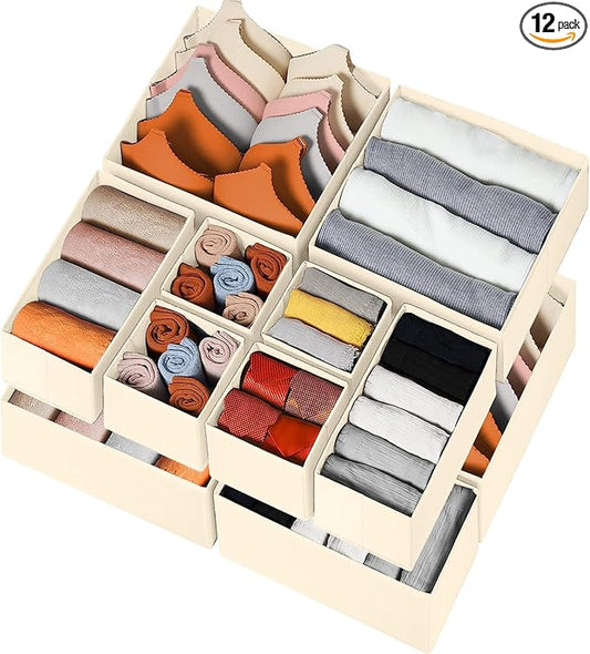 Criusia Drawer Organizer Clothes 12 Pack, Dresser Organizer for Nursery Bedroom Closet Organization and Storage - Baby Clothes Organizer Bins - Drawer Divider for Sock Underwear Bra Ties (Beige)