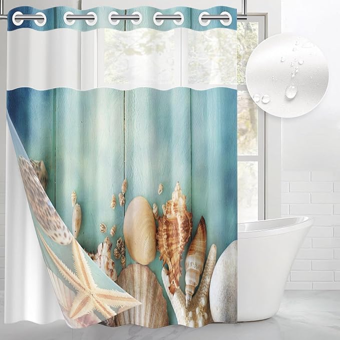 Sea Beach Green No Hook Shower Curtain with Snap in Liner, Shellfish Starfish Summer Bath Curtain with Double Layers Waterproof Fabric and Mesh Top Window 71x74 Inch
