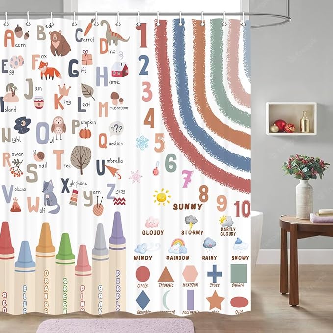 Kids Alphabet Shower Curtain, Funny Cartoon Animal ABC Learning Bath Curtain 72 x 72 Inch, Educational Boys Girls Children Bathroom Curatin Decoration Waterproof with Hooks Washable