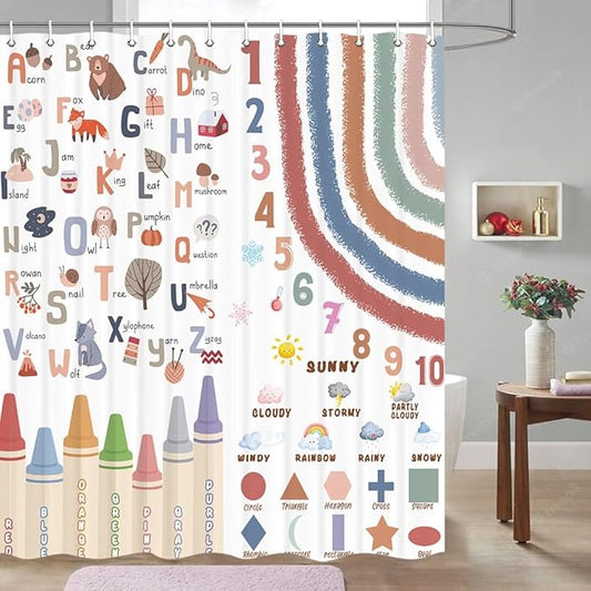 Kids Alphabet Shower Curtain, Funny Cartoon Animal ABC Learning Bath Curtain 72 x 96 Inch, Educational Boys Girls Children Bathroom Curatin Decoration Waterproof with Hooks Washable
