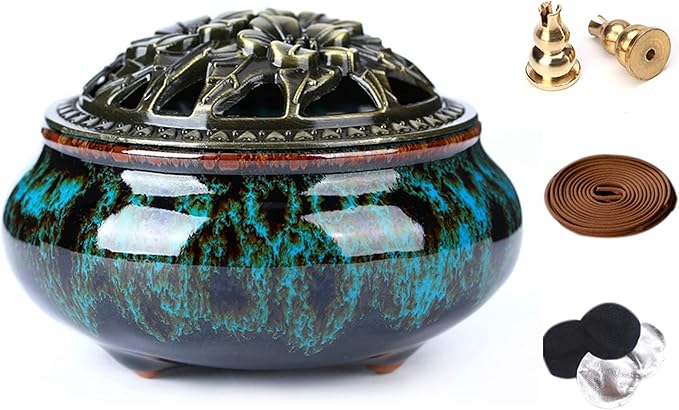 Ceramic Incense Burner with Incense Stick Holder + Insulation use for Stick or Coil Incense, Sage Cones and Frankincense (Fambe Blue)