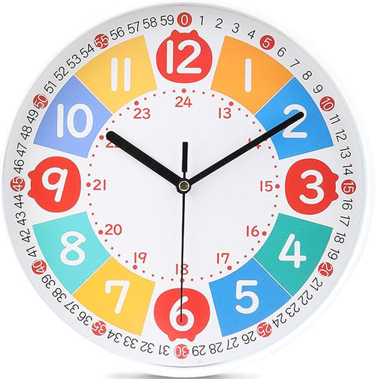 Wall Clock Modern Colorful Kid's Clock Small Silent Analog Round Simple Quiet Quartz Black Wall Clocks Battery Operated Non Ticking for Bathroom Office Garage School Colorful 9 Inch