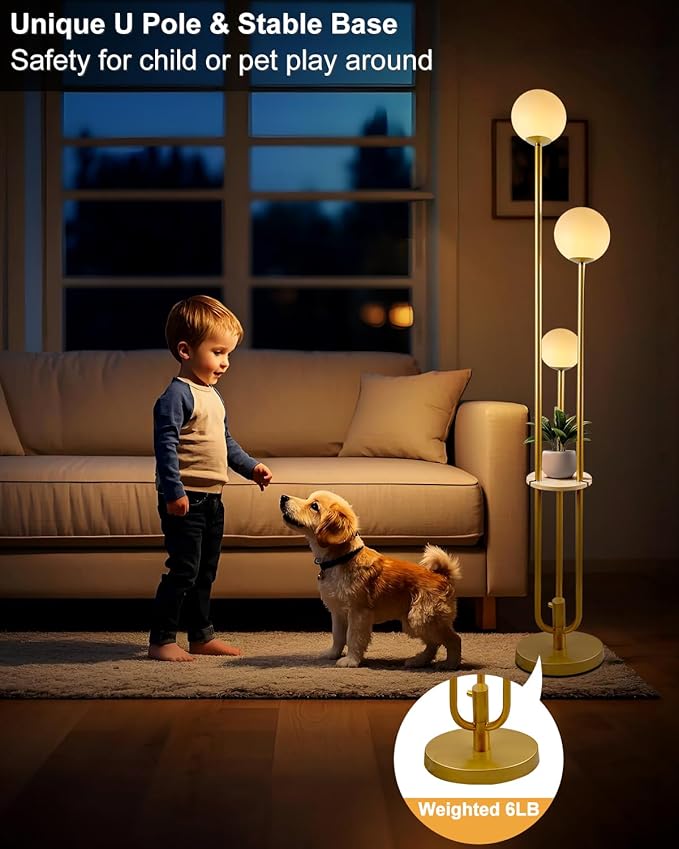 63IN Dimmable Floor Lamp with Shelf, Unique Globe Gold Tall Standing Lamps with 3 Poles, 3000K Warmwhite Mid Century Modern Floor Lamp for Living Room Home Office(Bulbs Included)