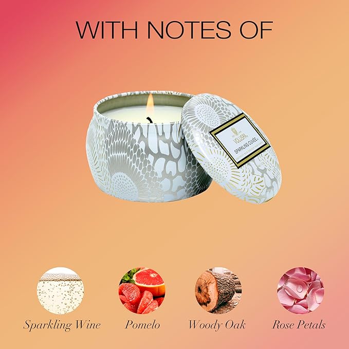 Voluspa Sparkling Cuvee, Mini Tin Candle, 4 oz, 25 Hour Burn Time, Coconut Wax for Clean Burning, Handcrafted in the USA
