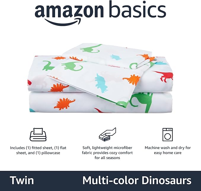 Amazon Basics Kid's Soft Easy-Wash Lightweight Microfiber 3-Piece Sheet Set, Twin, Multi-Color Dinosaurs, Animal Print