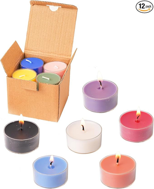 12 Unscented Natural Soy Tealight Candles in Clear Cups, 5H Long Clean Burning, Hand-Poured Coloful Mini Tea Candle Set for Parties, Spa, Meditation, Gift, Holiday, Emergency, Home Decor