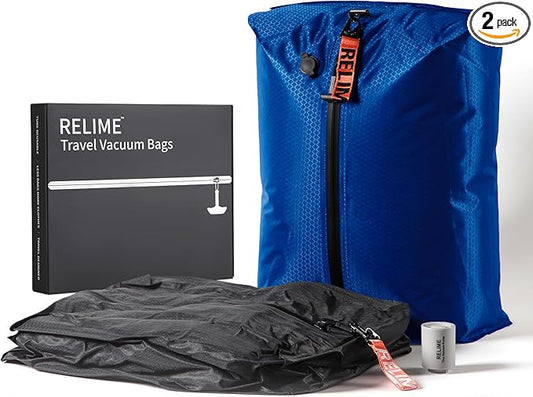 Vacuum Bags for Travel Luggage with Wireless Pump, Revolutionary Reusable Compression Bags for Carry On Suitcases and Backpack, Vacuum Seal Packing cube for Cloth (2PC + PUMP Gray & Blue)
