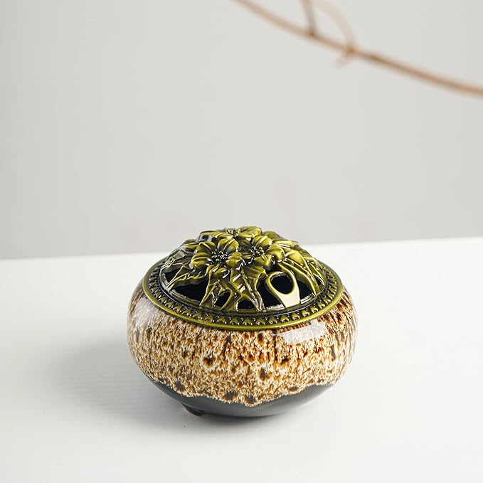 Incense Burner with Calabash Incense Stick Holder - Porcelain Charcoal Censer for Use with Resin Granular Powder Cone or Coil Incense (New Fambe Gray)