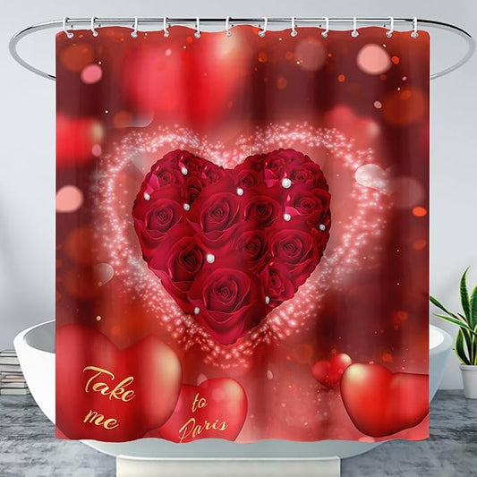 AILONEN Red Rose Hearts Printed Shower Curtain,Romantic Rose Lover Couple Bath Curtain,Fantasy Love Hearts Red Curtain for Bathroom Decor 72" W x 96" H,Waterproof