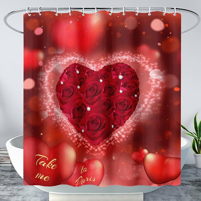 AILONEN Red Rose Hearts Printed Shower Curtain,Romantic Rose Lover Couple Bath Curtain,Fantasy Love Hearts Red Curtain for Bathroom Decor 72" W x 84" H,Waterproof