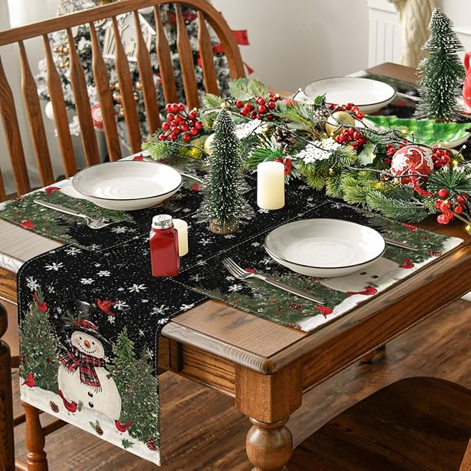 Artoid Mode Snowman Trees Blue Christmas Placemats for Dining Table, 12 x 18 Inch Seasonal Black Winter Birds Xmas Holiday Washable Table Mats Set of 6