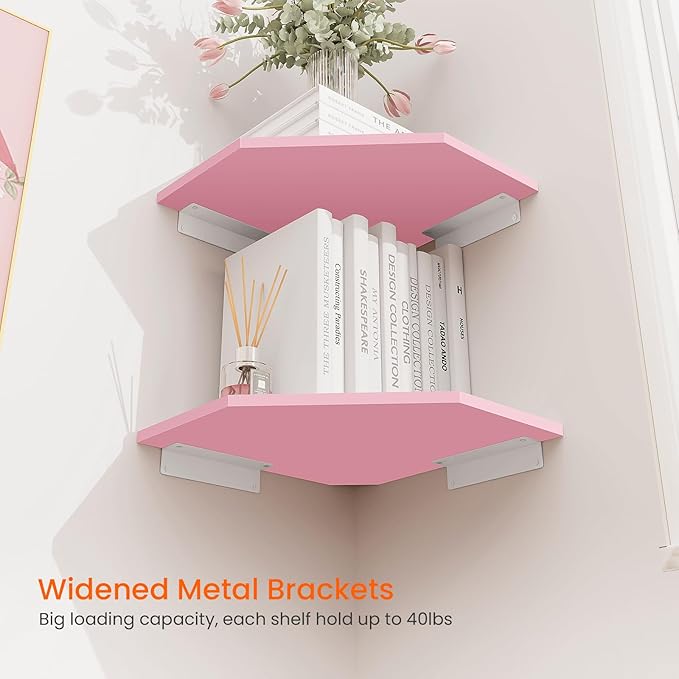 Homode Corner Floating Shelves, Corner Wall Shelf with Cord Hole, 2 Tier Wood Hanging Corner Shelf for Bathroom, Bedroom, Living Room, Pink