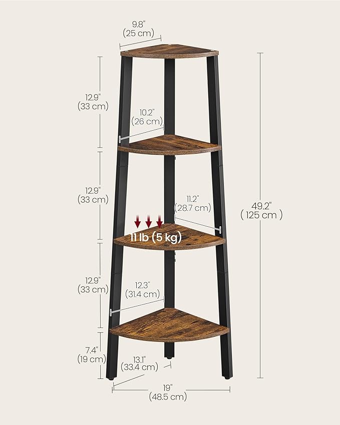 VASAGLE Corner Shelf Stand, 4-Tier Corner Bookshelf, Industrial Ladder Shelf, Plant Stand for Living Room, Office, Kitchen, Rustic Brown and Black ULLS34X