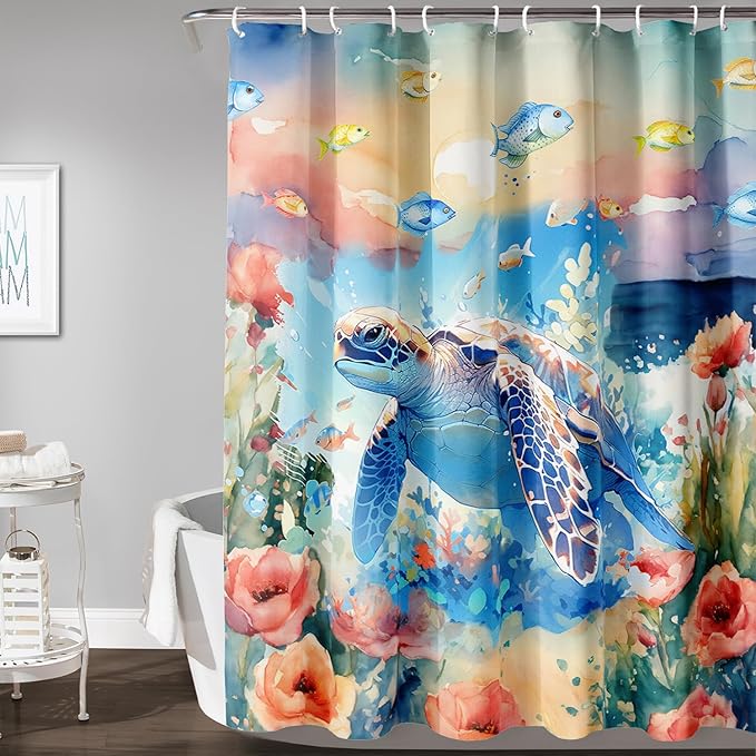 AILONEN Sea Turtle Shower Curtain,Watercolor Sea Turtle Bath Curtain for Girls Girls,Ocean Animal Fish Tie Dye Flower Shower Curtain for Bathroom Decor Waterproof with 12 Plastic Hooks, 72" W*96" H