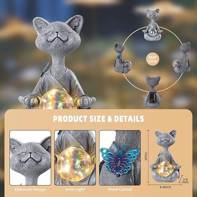 Solar Garden Decor Statues 7" Resin Cat Figurines with Glass Ball Waterproof Cat Decor for Outside Yard Patio Porch Decoration Gift for Mom Grandma
