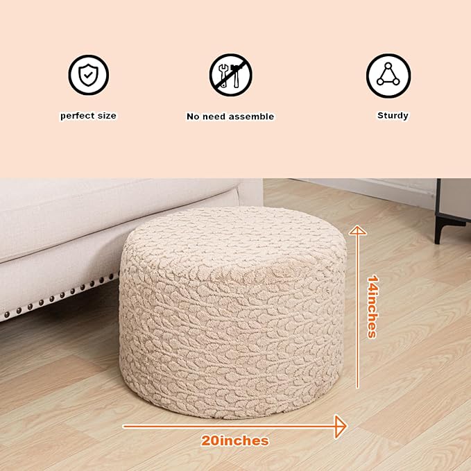 Round Pouf Ottoman Stuffed 20 x 20 x 14 Inches Boho Poof Foot Stool Home Decor Floor Pouffe Ottoman Foot Rest for Couch Sofa Bean Bag Chairs Living Room Bedroom (Light Coffee)