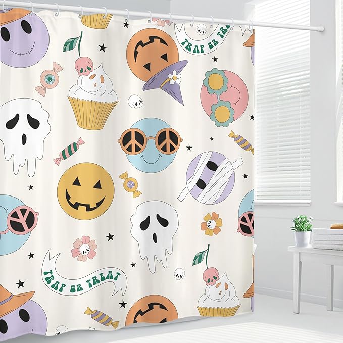 70s 60s Groovy Halloween Spooky Ghost Pumpkin Zombie Mummy Shower Curtain 60Wx72L Inch Smiling Face Retro Hippie Funny Bathroom Set Accessories Decor Polyester Waterproof with 12 Pack Hooks