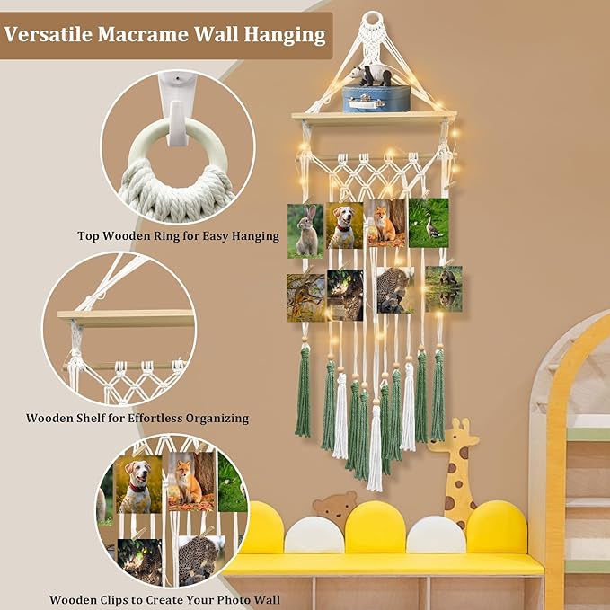 Macrame Wall Hanging Bohemian Photo Display Holder with Wooden Shelf Tassels Decorative LED Light Strings Hooks 20 Clips Boho Art Picture Card Hangers Handmade Tapestry Romantic Gift - Green