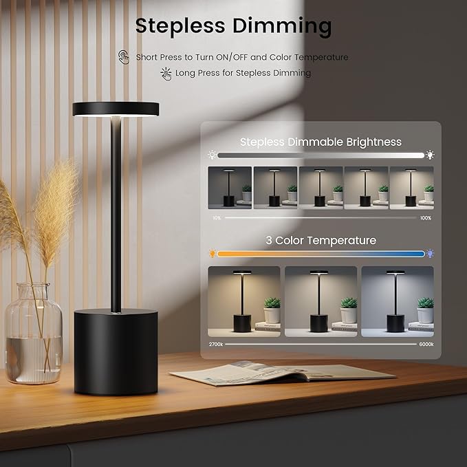 SAKRINGT Cordless Table Lamp Rechargeable,5000mAh Battery Operated Portable LED Table Light,Dimming Desk Lamp for Patio/Restaurant/Outdoor