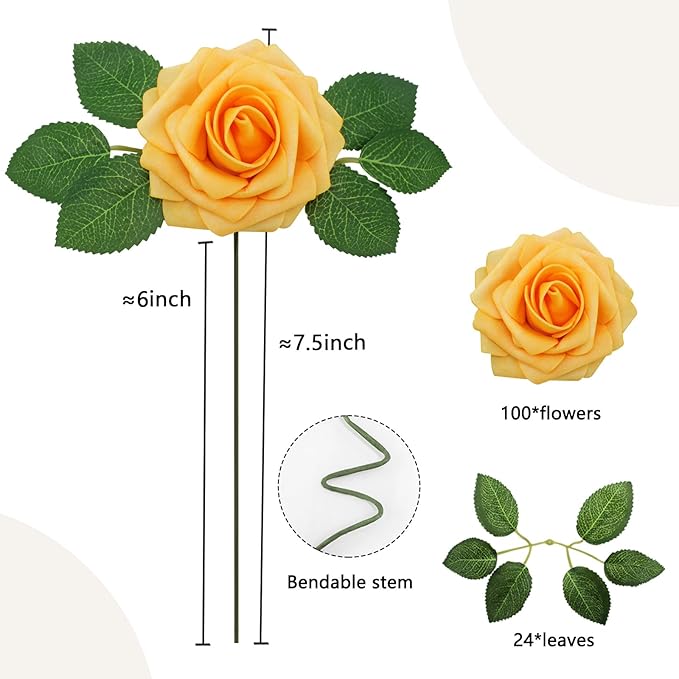 100Pcs Artificial Flowers Creamy Yellow Roses Real Looking Foam Fake Roses with Leaves and for DIY Wedding Bouquets Bridal Shower Centerpieces Party Decorations (Creamy Yellow, 100)