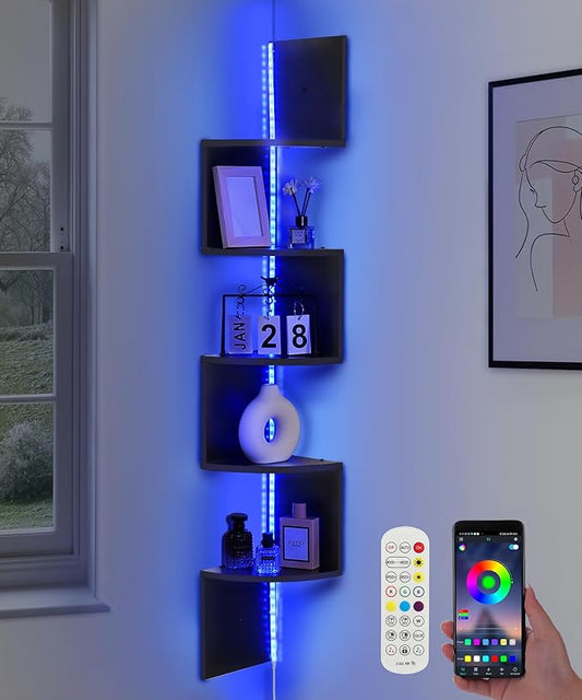 5 Tiers Corner Shelf with RGB LED Lights, 49.2" Wall Mount Floating Corner Display Shelf for Living Room Bedroom Home Office Decor, APP & Remote Control (Black)