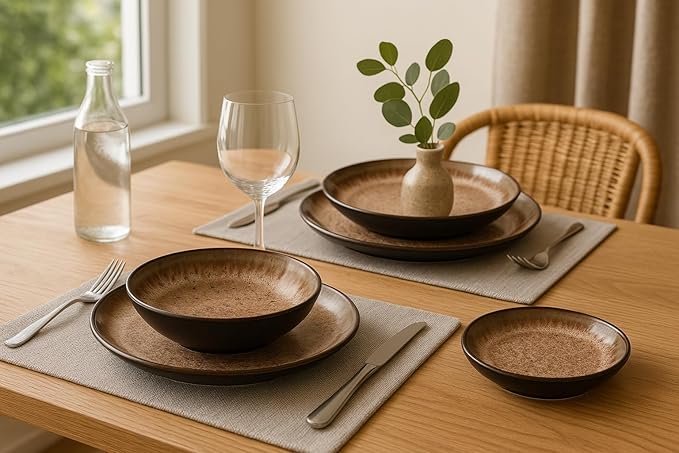 TUDOR ROYAL 12-Piece Round Dinnerware Set, Service for 4, REACTIVE GLAZE Collection, BROWN color, Plates Bowls Dishes, Premium Quality Tableware, Glossy, helps with weight loss