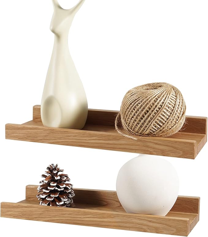 Floating Shelves Wall Mounted, 12 Inch Solid Oak Wood Shelf for Decor and Storage, Picture Ledge for Bedroom Bathroom Living Room Kitchen, Natural Color, 12 * 4 * 1.5, Set of 2