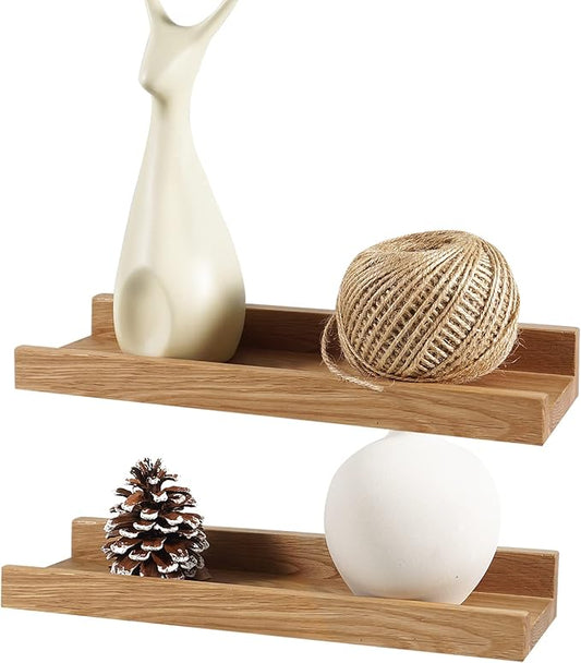 Floating Shelves Wall Mounted, 12 Inch Solid Oak Wood Shelf for Decor and Storage, Picture Ledge for Bedroom Bathroom Living Room Kitchen, Natural Color, 12 * 4 * 1.5, Set of 2