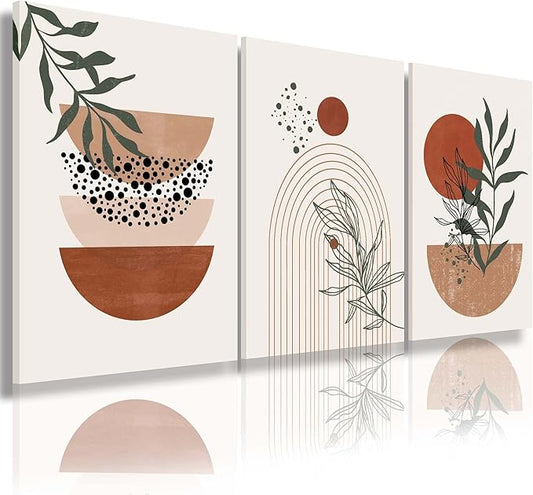 Boho Wall Art Prints，Boho Wall Decor, Mid Century Modern Wall Art，Set of 3 Prints, Abstract Geometric Prints Black Beige Terracotta Minimalist Art, Natural Framed Canvas Prints Artwork For Living Room