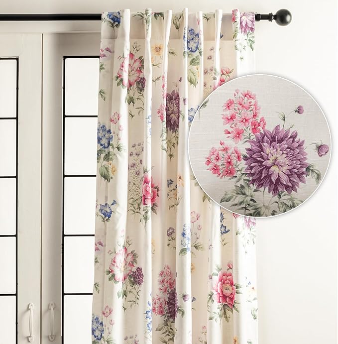 Maison d' Hermine Curtains for Living Room 100% Cotton 124 inch Length One Panel Light Filtering Curtains for Bedroom Windows with Rod and Loop Pockets Drapes (Swyncombe Multicolor, 50" W x 124" L)