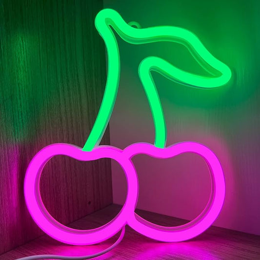 Cherry Neon Sign, Red Green Cherries Neon Lights, Cherry Neon Signs for Wall Decor, Cute Fruits LED Signs for Kids Room,Restaurant,Bar,Fruit Shop,Home Green+Pink