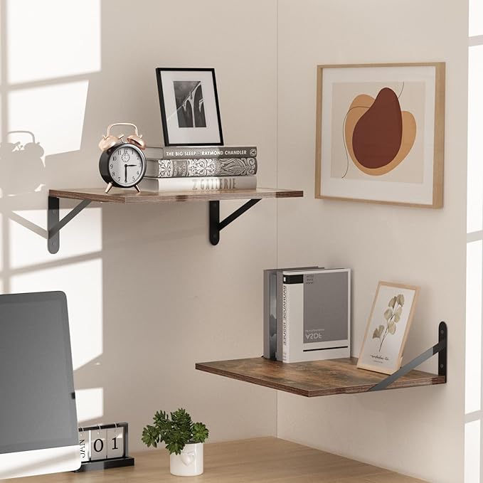 Deep Floating Shelves for Wall, 16W x 12D Wood Wall Shelves Set of 2, Rustic Wood Floating Shelves, Wall Mounted Hanging Shelf for Living Room, Kitchen, Office, Bathroom and Bedroom Decor