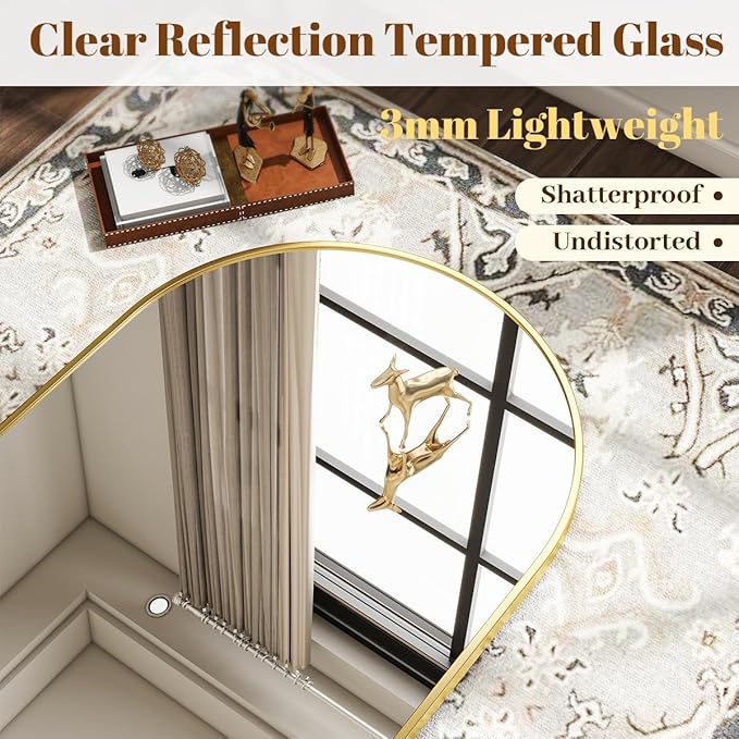 Arched Wall Mirror, 31 x 32 inch Arch Bathroom Mirror, Wall Mounted Vanity Mirror with Arch Metal Frame, Modern Bathroom Vanity Mirror for Bedroom, Living Room, Hanging or Leaning, Gold
