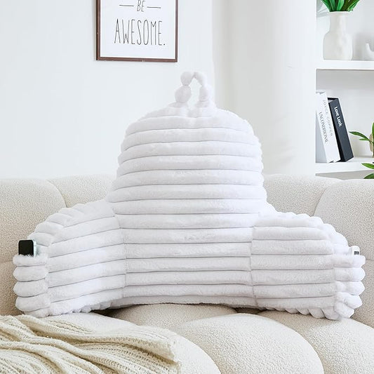 WERDIM Reading Pillow for Sitting in Bed, Faux Fur Back Pillow for Bed Rest, Bed Chair Pillow with Arms and Pockets(Standard, White)