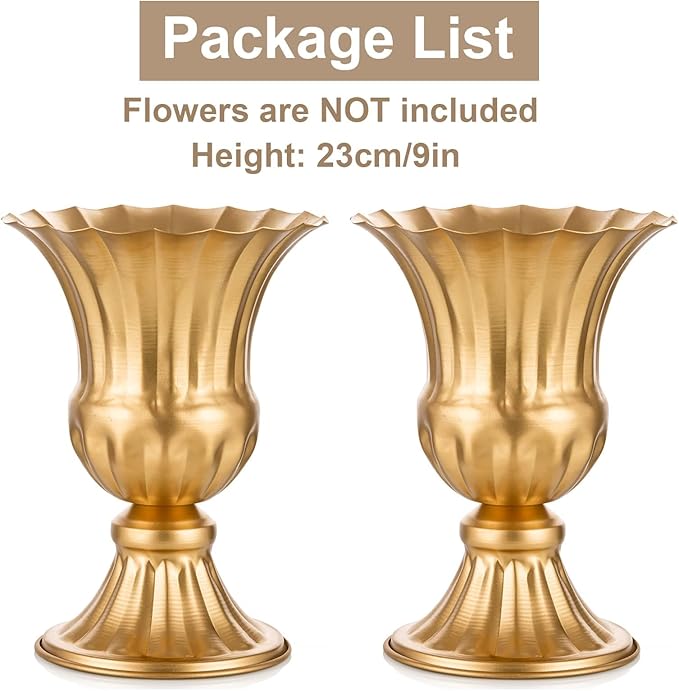 Sziqiqi Gold Flower Arrangements Vase for Wedding Table Centerpiece - 9in Metal Planter Vase Pot for Artificial Real Flower Small Trumpet Plant Urn for Garden
