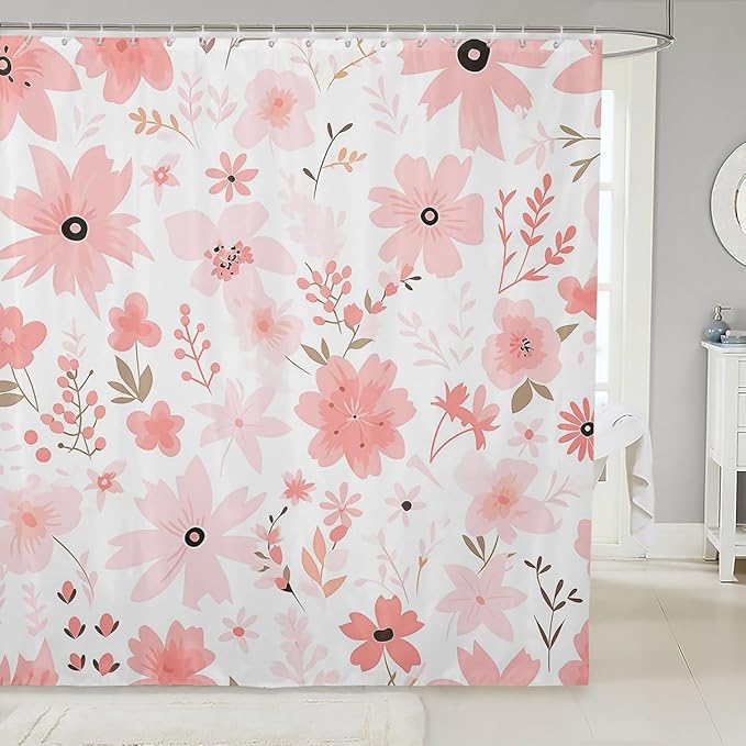 Feelyou Pink Flower Fabric Shower Curtain Floral Flower Shower Curtain for Boys Girls Flower Botanical Bathroom Waterproof Accessories with 12 Hooks Nature Plants Curtains,72x78 Inches