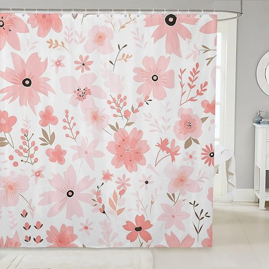 Feelyou Pink Flower Fabric Shower Curtain Floral Flower Shower Curtain for Boys Girls Flower Botanical Bathroom Waterproof Accessories with 12 Hooks Nature Plants Curtains,72x72 Inches