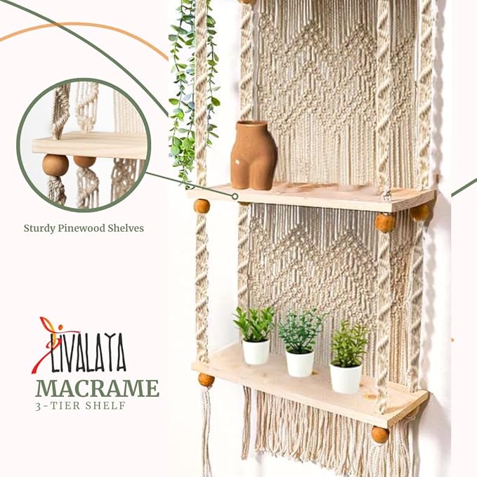 LIVALAYA 3 Tier Macrame Wall Hanging Shelf for Boho Hanging Wall Decor Shelves for Bedroom Bathroom, Nursery Bohemian Shelf for Cute Indoor Plants, Farmhouse Woven Rope Picture Holders