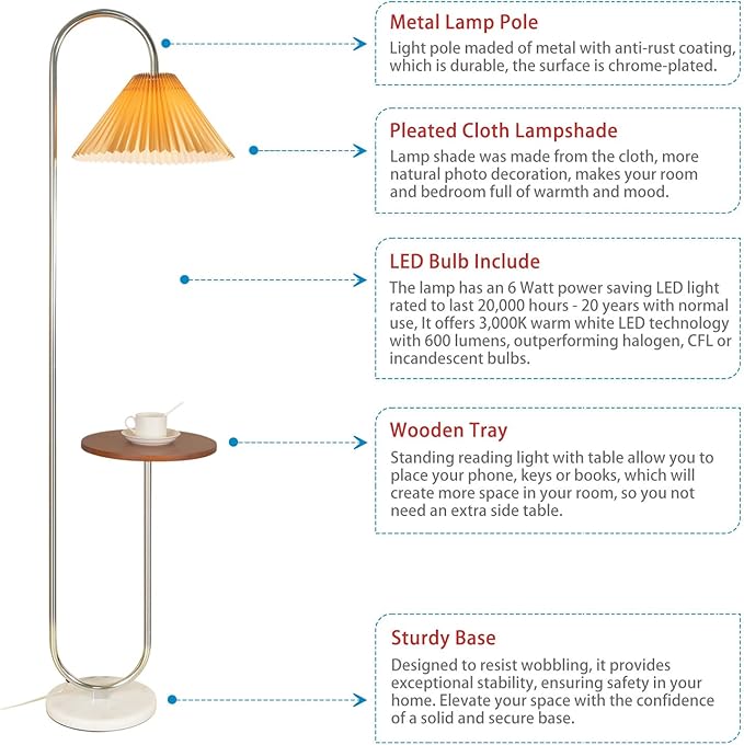 beaysyty Modern Elegant with Tray Floor Lamp for Office Cafe Den Living Room Bedroom, Foot Switch and Chrome Finish, Orange Pleated Cloth Lampshade