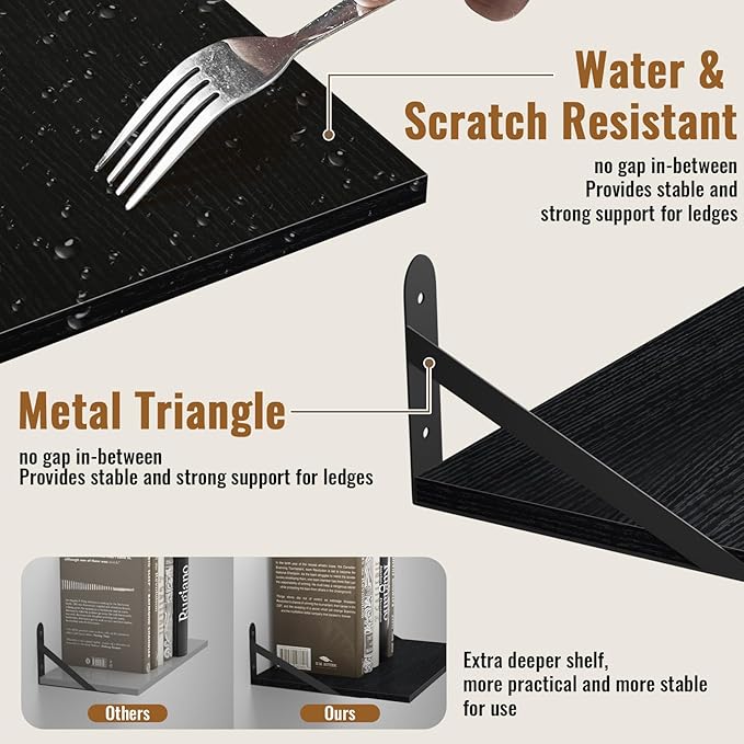 Black Deep Floating Shelves for Wall, 16" W x 12" D Wood Wall Shelf Set of 2, Bookshelf Wall Mounted Hanging Shelves for Living Room, Kitchen, Office, Bathroom and Bedroom Decor