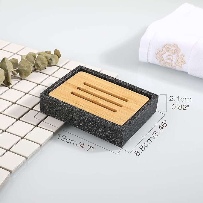 Luxspire Resin Soap Dish, Sponge Holder with Bamboo Board, Storage Tray with Double Layers for Storing Candle, Container in Bathroom, Kitchen, and Toilet - Black Sand
