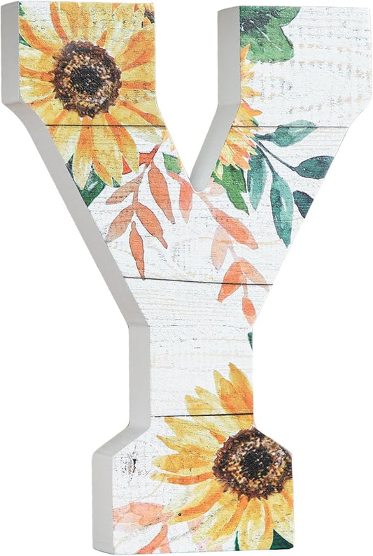 COLLECTIVE HOME - 10" Wood Lettes for Wall Decor, Sunflower Tabletop Alphabet Decoration, DIY Farmhouse Decor, Rustic Freestanding Monogram Block (Y)