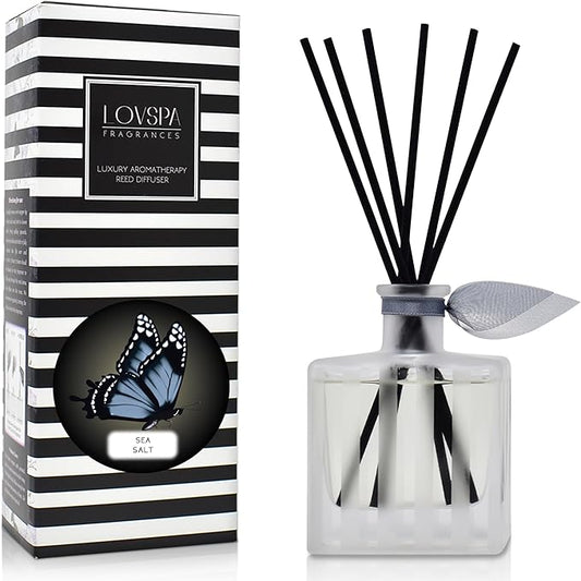 LOVSPA Sea Salt Reed Diffuser Sticks Set - Clean, Fresh Scent of Sea Air, Jasmine Blossoms & Aquatic Musk - Ocean Marine Scent Diffuser for Large Rooms - Made in The USA
