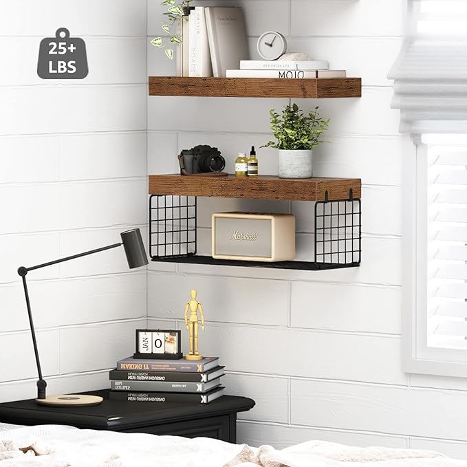 QEEIG Bathroom Shelves Over Toilet - Wall Mounted Floating Shelves Toilet Paper Storage Small Farmhouse Decor Shelf 16 inch Set of 2, Rustic Brown (019-BN2)