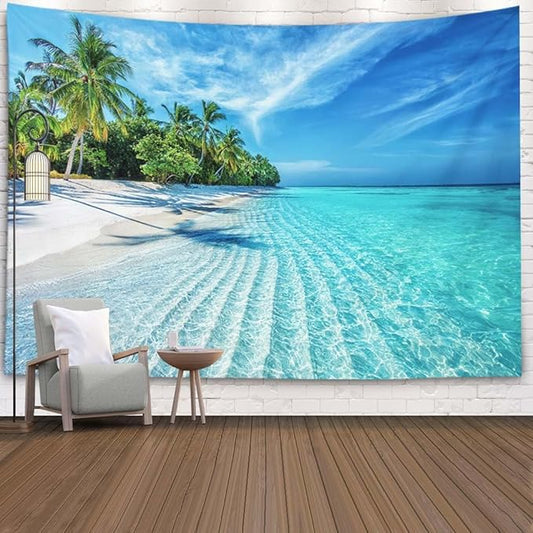 EMMTEEY Beach Tapestry Wall Decor Big 80X60 Inch-Summer Calm Sea Waves with Palm Trees Durable Hanging Tapestry for Living Room