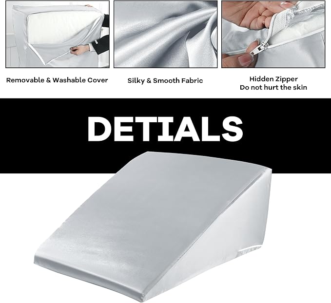 HOMBYS Satin Bed Wedge Pillow Cover Silky & Smooth Wedge Pillowcase 1 Pack 24x24x7.5, Soft & Breathable, Removable & Machine Washable-Zipper Design (Pillow Not Include), Light Grey