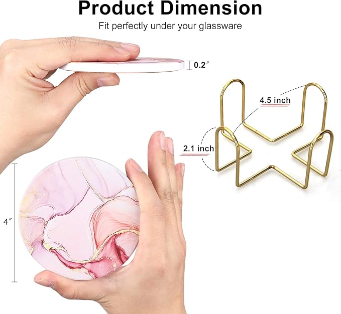 6 Pcs Pink Marble Abstract Ceramic Coasters with Holder Best Round Drink Absorbent Coaster for Desk, Lounge, Coffee Table, Wine, Beverage, Bar Coasters Set