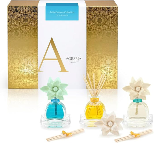 Agraria at The Beach PetiteEssence Collection, Handmade Sola Flower Reed Diffuser Set of 3, 1.7 oz Each, Scented Oil Diffuser Gift Set for Home