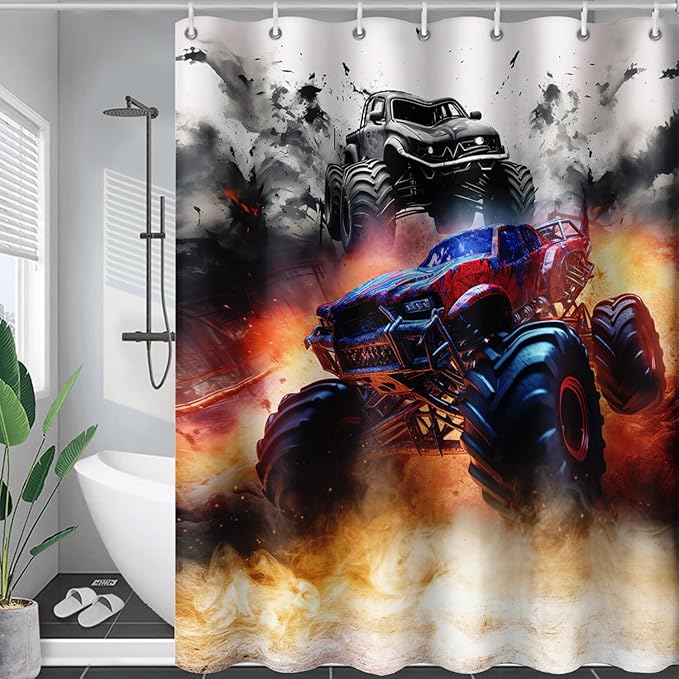 AILONEN Boys Monster Truck Shower Curtain for Bathroom, Watercolor Truck Bath Curtain,Cartoon Truck Shower Curtain for Kids Teen,Waterproof Curtain Bathroom 36" W*72" H Decor with 12 Plastic Hooks